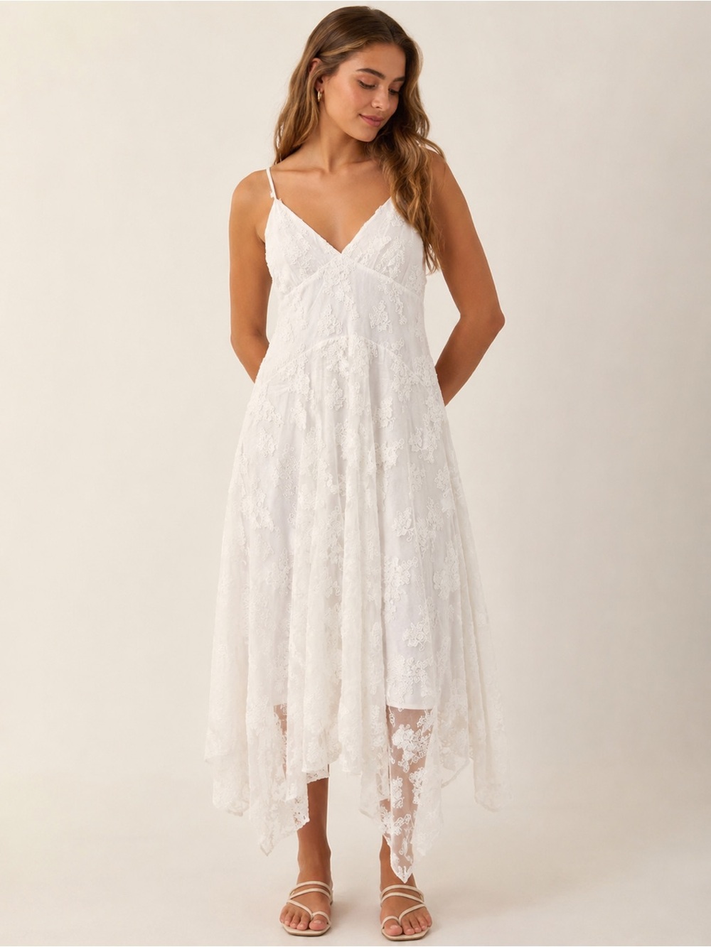 Storia White Lace Asymmetrical Midi Dress